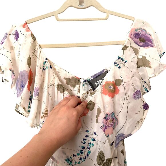 REFORMATION Chiffon Floral Off Shoulder Midi Dress Sz 0 - Picture 2 of 7